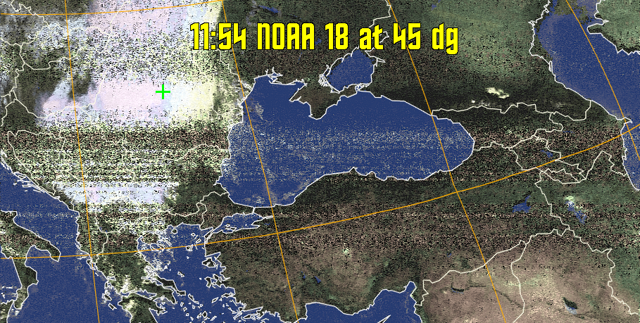 HVCT:
Similar to HVC, but with blue water and with colours more indicative of
land temperatures.
HVC:
Creates a false colour image from NOAA APT images based on temperature using
the HVC colour model. Uses the temperature derived from the sensor 4 image to
select the hue and the brightness from the histogram equalised other image to
select the value and chroma. The HVC colour model attempts to ensure that different colours at the same value will appear to the eye to be the same brightness
and the spacing between colours representing each degree will appear to the eye to
be similar. Bright areas are completely unsaturated in this model.