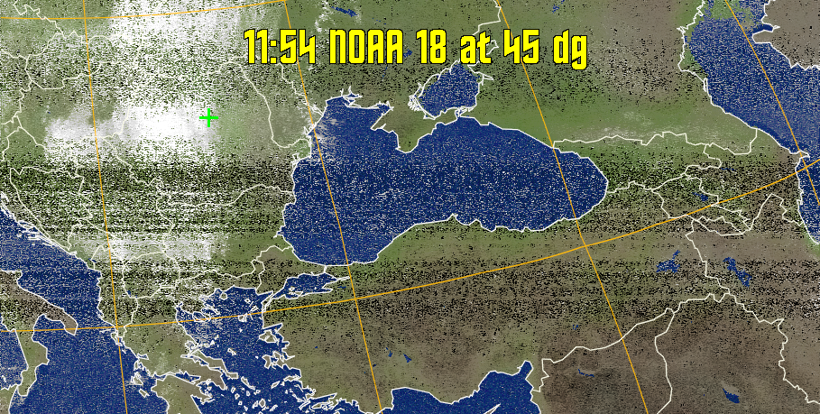 MCIR-precip: 
Colours the NOAA sensor 4 IR image using a map to colour the sea blue and land
green. High clouds appear white, lower clouds gray or land/sea coloured, clouds
generally appear lighter, but distinguishing between land/sea and low cloud may
be difficult. Darker colours indicate warmer regions.