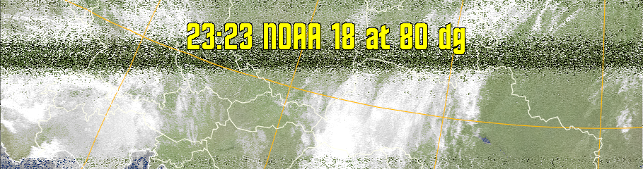 MCIR-precip: 
Colours the NOAA sensor 4 IR image using a map to colour the sea blue and land
green. High clouds appear white, lower clouds gray or land/sea coloured, clouds
generally appear lighter, but distinguishing between land/sea and low cloud may
be difficult. Darker colours indicate warmer regions.