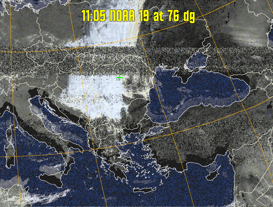 HVCT:
Similar to HVC, but with blue water and with colours more indicative of
land temperatures.
HVC:
Creates a false colour image from NOAA APT images based on temperature using
the HVC colour model. Uses the temperature derived from the sensor 4 image to
select the hue and the brightness from the histogram equalised other image to
select the value and chroma. The HVC colour model attempts to ensure that different colours at the same value will appear to the eye to be the same brightness
and the spacing between colours representing each degree will appear to the eye to
be similar. Bright areas are completely unsaturated in this model.