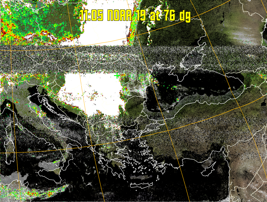 MSA-precip:
Same as MSA multispectral analysis, but high cold cloud tops are coloured the
same as the NO enhancement to give an approximate indication of the probability
and intensity of precipitation.