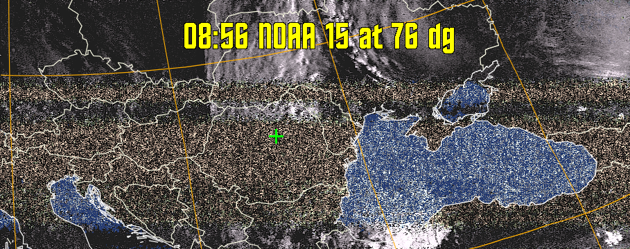 HVCT:
Similar to HVC, but with blue water and with colours more indicative of
land temperatures.
HVC:
Creates a false colour image from NOAA APT images based on temperature using
the HVC colour model. Uses the temperature derived from the sensor 4 image to
select the hue and the brightness from the histogram equalised other image to
select the value and chroma. The HVC colour model attempts to ensure that different colours at the same value will appear to the eye to be the same brightness
and the spacing between colours representing each degree will appear to the eye to
be similar. Bright areas are completely unsaturated in this model.