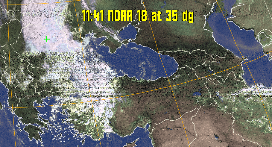 HVCT:
Similar to HVC, but with blue water and with colours more indicative of
land temperatures.
HVC:
Creates a false colour image from NOAA APT images based on temperature using
the HVC colour model. Uses the temperature derived from the sensor 4 image to
select the hue and the brightness from the histogram equalised other image to
select the value and chroma. The HVC colour model attempts to ensure that different colours at the same value will appear to the eye to be the same brightness
and the spacing between colours representing each degree will appear to the eye to
be similar. Bright areas are completely unsaturated in this model.