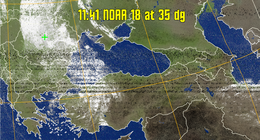 MCIR-precip: 
Colours the NOAA sensor 4 IR image using a map to colour the sea blue and land
green. High clouds appear white, lower clouds gray or land/sea coloured, clouds
generally appear lighter, but distinguishing between land/sea and low cloud may
be difficult. Darker colours indicate warmer regions.