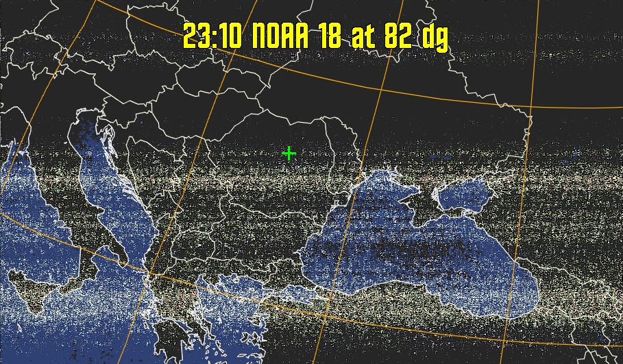 HVCT:
Similar to HVC, but with blue water and with colours more indicative of
land temperatures.
HVC:
Creates a false colour image from NOAA APT images based on temperature using
the HVC colour model. Uses the temperature derived from the sensor 4 image to
select the hue and the brightness from the histogram equalised other image to
select the value and chroma. The HVC colour model attempts to ensure that different colours at the same value will appear to the eye to be the same brightness
and the spacing between colours representing each degree will appear to the eye to
be similar. Bright areas are completely unsaturated in this model.