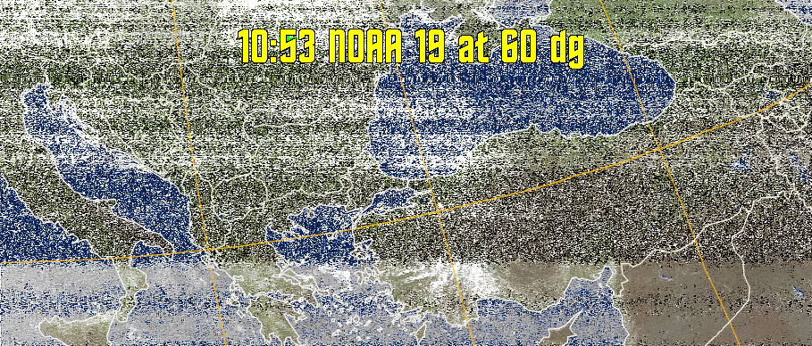 MCIR-precip: 
Colours the NOAA sensor 4 IR image using a map to colour the sea blue and land
green. High clouds appear white, lower clouds gray or land/sea coloured, clouds
generally appear lighter, but distinguishing between land/sea and low cloud may
be difficult. Darker colours indicate warmer regions.