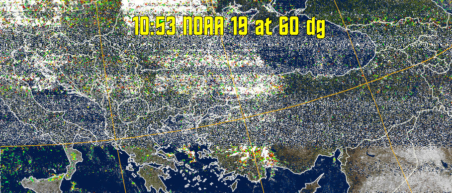 MSA-precip:
Same as MSA multispectral analysis, but high cold cloud tops are coloured the
same as the NO enhancement to give an approximate indication of the probability
and intensity of precipitation.