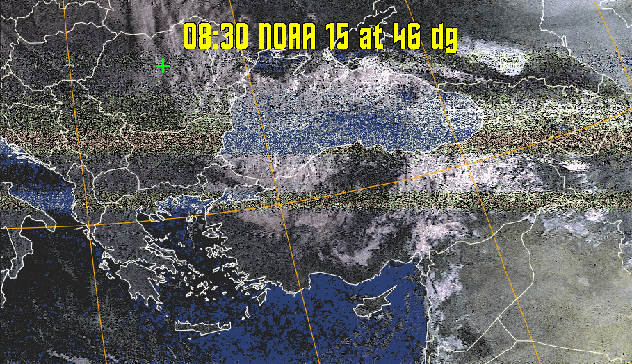 HVCT:
Similar to HVC, but with blue water and with colours more indicative of
land temperatures.
HVC:
Creates a false colour image from NOAA APT images based on temperature using
the HVC colour model. Uses the temperature derived from the sensor 4 image to
select the hue and the brightness from the histogram equalised other image to
select the value and chroma. The HVC colour model attempts to ensure that different colours at the same value will appear to the eye to be the same brightness
and the spacing between colours representing each degree will appear to the eye to
be similar. Bright areas are completely unsaturated in this model.