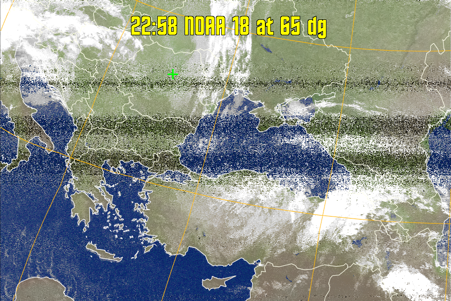 MCIR-precip: 
Colours the NOAA sensor 4 IR image using a map to colour the sea blue and land
green. High clouds appear white, lower clouds gray or land/sea coloured, clouds
generally appear lighter, but distinguishing between land/sea and low cloud may
be difficult. Darker colours indicate warmer regions.