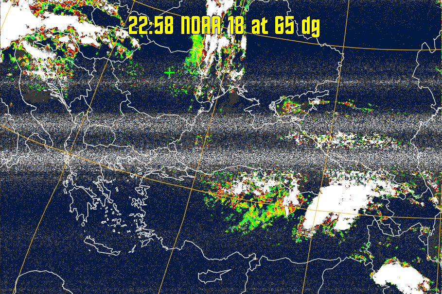 MSA-precip:
Same as MSA multispectral analysis, but high cold cloud tops are coloured the
same as the NO enhancement to give an approximate indication of the probability
and intensity of precipitation.