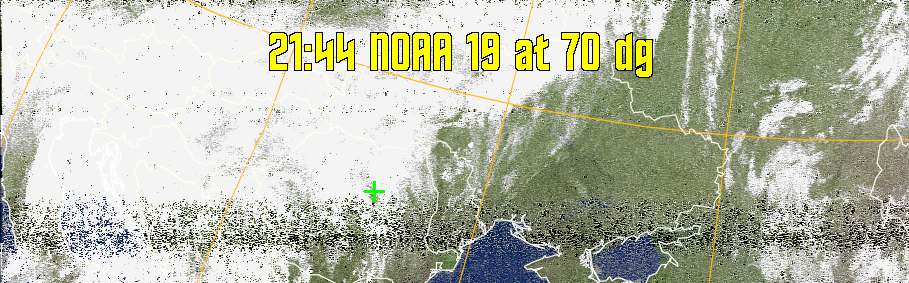 MCIR-precip: 
Colours the NOAA sensor 4 IR image using a map to colour the sea blue and land
green. High clouds appear white, lower clouds gray or land/sea coloured, clouds
generally appear lighter, but distinguishing between land/sea and low cloud may
be difficult. Darker colours indicate warmer regions.