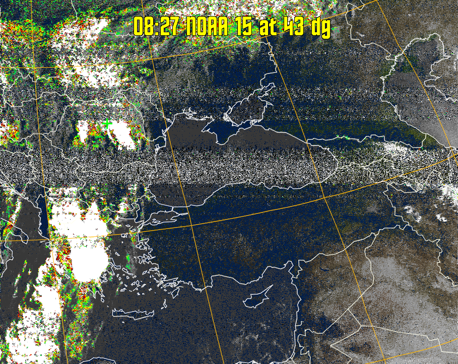 MSA-precip:
Same as MSA multispectral analysis, but high cold cloud tops are coloured the
same as the NO enhancement to give an approximate indication of the probability
and intensity of precipitation.