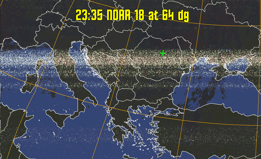 HVCT:
Similar to HVC, but with blue water and with colours more indicative of
land temperatures.
HVC:
Creates a false colour image from NOAA APT images based on temperature using
the HVC colour model. Uses the temperature derived from the sensor 4 image to
select the hue and the brightness from the histogram equalised other image to
select the value and chroma. The HVC colour model attempts to ensure that different colours at the same value will appear to the eye to be the same brightness
and the spacing between colours representing each degree will appear to the eye to
be similar. Bright areas are completely unsaturated in this model.