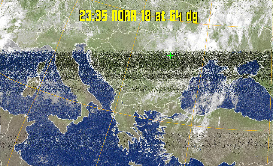 MCIR-precip: 
Colours the NOAA sensor 4 IR image using a map to colour the sea blue and land
green. High clouds appear white, lower clouds gray or land/sea coloured, clouds
generally appear lighter, but distinguishing between land/sea and low cloud may
be difficult. Darker colours indicate warmer regions.