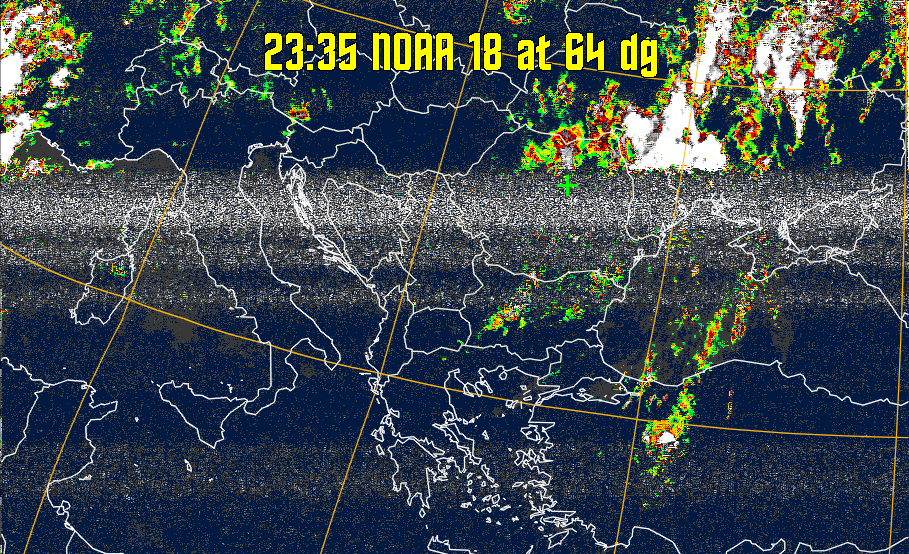 MSA-precip:
Same as MSA multispectral analysis, but high cold cloud tops are coloured the
same as the NO enhancement to give an approximate indication of the probability
and intensity of precipitation.