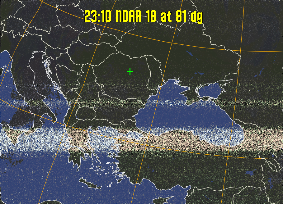 HVCT:
Similar to HVC, but with blue water and with colours more indicative of
land temperatures.
HVC:
Creates a false colour image from NOAA APT images based on temperature using
the HVC colour model. Uses the temperature derived from the sensor 4 image to
select the hue and the brightness from the histogram equalised other image to
select the value and chroma. The HVC colour model attempts to ensure that different colours at the same value will appear to the eye to be the same brightness
and the spacing between colours representing each degree will appear to the eye to
be similar. Bright areas are completely unsaturated in this model.