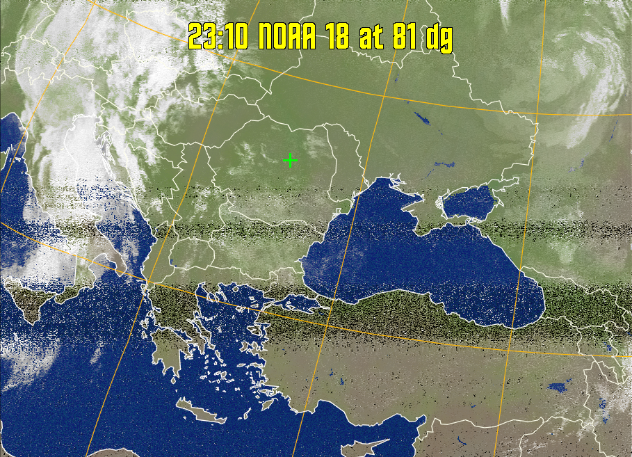 MCIR-precip: 
Colours the NOAA sensor 4 IR image using a map to colour the sea blue and land
green. High clouds appear white, lower clouds gray or land/sea coloured, clouds
generally appear lighter, but distinguishing between land/sea and low cloud may
be difficult. Darker colours indicate warmer regions.