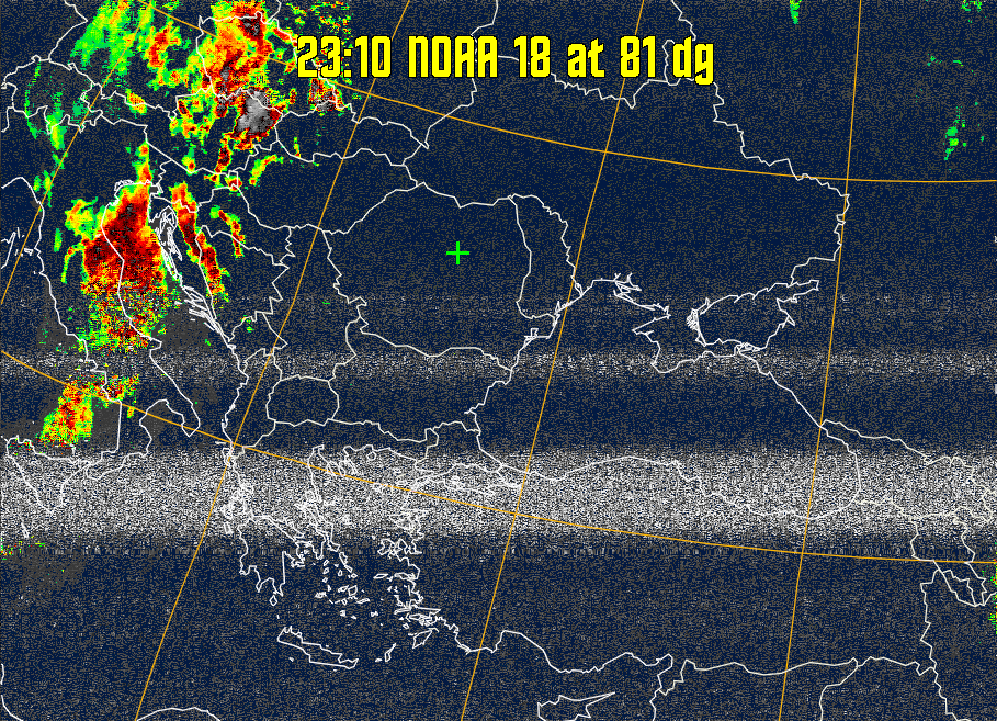 MSA-precip:
Same as MSA multispectral analysis, but high cold cloud tops are coloured the
same as the NO enhancement to give an approximate indication of the probability
and intensity of precipitation.