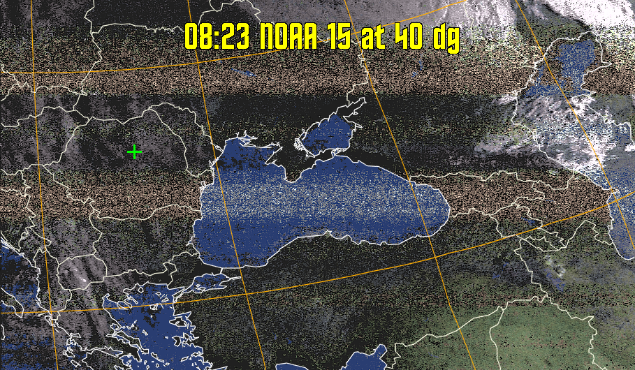 HVCT:
Similar to HVC, but with blue water and with colours more indicative of
land temperatures.
HVC:
Creates a false colour image from NOAA APT images based on temperature using
the HVC colour model. Uses the temperature derived from the sensor 4 image to
select the hue and the brightness from the histogram equalised other image to
select the value and chroma. The HVC colour model attempts to ensure that different colours at the same value will appear to the eye to be the same brightness
and the spacing between colours representing each degree will appear to the eye to
be similar. Bright areas are completely unsaturated in this model.