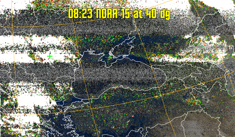 MSA-precip:
Same as MSA multispectral analysis, but high cold cloud tops are coloured the
same as the NO enhancement to give an approximate indication of the probability
and intensity of precipitation.