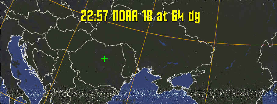 HVCT:
Similar to HVC, but with blue water and with colours more indicative of
land temperatures.
HVC:
Creates a false colour image from NOAA APT images based on temperature using
the HVC colour model. Uses the temperature derived from the sensor 4 image to
select the hue and the brightness from the histogram equalised other image to
select the value and chroma. The HVC colour model attempts to ensure that different colours at the same value will appear to the eye to be the same brightness
and the spacing between colours representing each degree will appear to the eye to
be similar. Bright areas are completely unsaturated in this model.