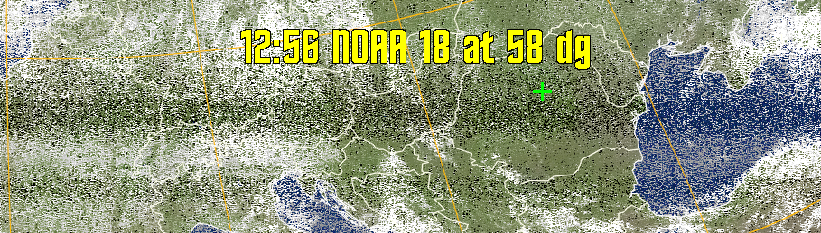 MCIR-precip: 
Colours the NOAA sensor 4 IR image using a map to colour the sea blue and land
green. High clouds appear white, lower clouds gray or land/sea coloured, clouds
generally appear lighter, but distinguishing between land/sea and low cloud may
be difficult. Darker colours indicate warmer regions.