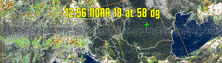 MSA-precip:
Same as MSA multispectral analysis, but high cold cloud tops are coloured the
same as the NO enhancement to give an approximate indication of the probability
and intensity of precipitation.