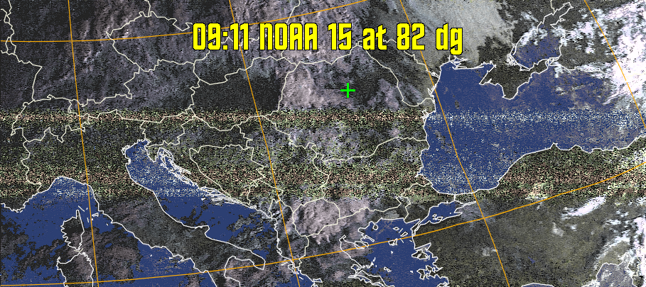 HVCT:
Similar to HVC, but with blue water and with colours more indicative of
land temperatures.
HVC:
Creates a false colour image from NOAA APT images based on temperature using
the HVC colour model. Uses the temperature derived from the sensor 4 image to
select the hue and the brightness from the histogram equalised other image to
select the value and chroma. The HVC colour model attempts to ensure that different colours at the same value will appear to the eye to be the same brightness
and the spacing between colours representing each degree will appear to the eye to
be similar. Bright areas are completely unsaturated in this model.