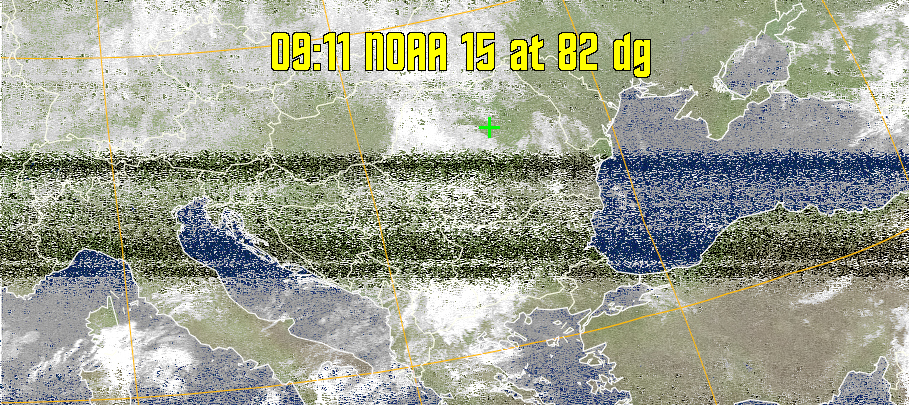 MCIR-precip: 
Colours the NOAA sensor 4 IR image using a map to colour the sea blue and land
green. High clouds appear white, lower clouds gray or land/sea coloured, clouds
generally appear lighter, but distinguishing between land/sea and low cloud may
be difficult. Darker colours indicate warmer regions.