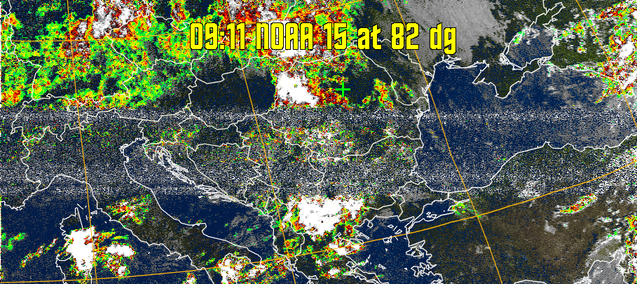 MSA-precip:
Same as MSA multispectral analysis, but high cold cloud tops are coloured the
same as the NO enhancement to give an approximate indication of the probability
and intensity of precipitation.