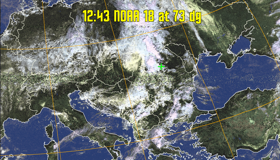 HVCT:
Similar to HVC, but with blue water and with colours more indicative of
land temperatures.
HVC:
Creates a false colour image from NOAA APT images based on temperature using
the HVC colour model. Uses the temperature derived from the sensor 4 image to
select the hue and the brightness from the histogram equalised other image to
select the value and chroma. The HVC colour model attempts to ensure that different colours at the same value will appear to the eye to be the same brightness
and the spacing between colours representing each degree will appear to the eye to
be similar. Bright areas are completely unsaturated in this model.