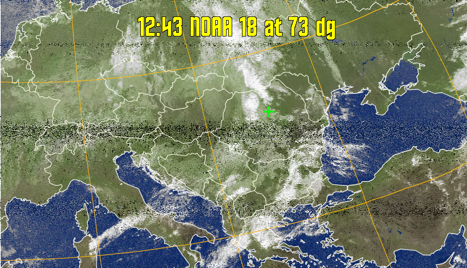 MCIR-precip: 
Colours the NOAA sensor 4 IR image using a map to colour the sea blue and land
green. High clouds appear white, lower clouds gray or land/sea coloured, clouds
generally appear lighter, but distinguishing between land/sea and low cloud may
be difficult. Darker colours indicate warmer regions.