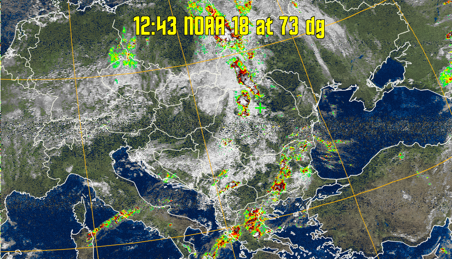 MSA-precip:
Same as MSA multispectral analysis, but high cold cloud tops are coloured the
same as the NO enhancement to give an approximate indication of the probability
and intensity of precipitation.