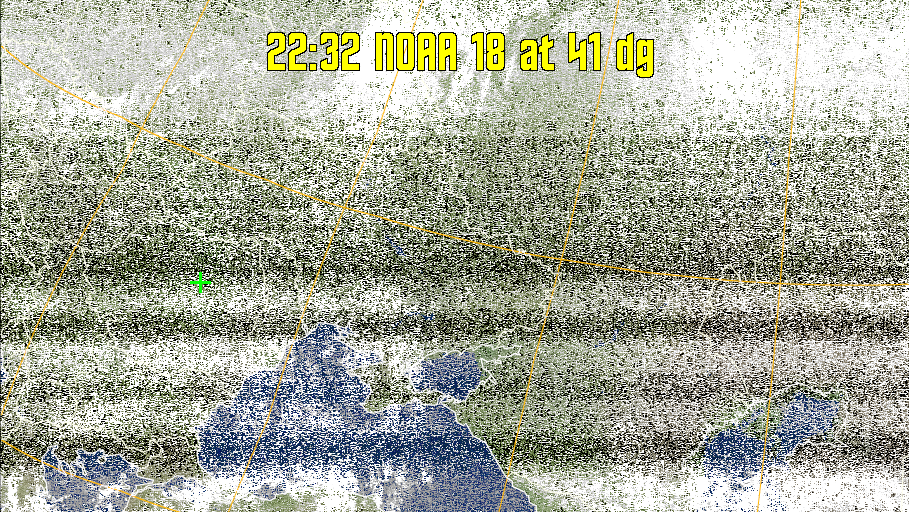 MCIR-precip: 
Colours the NOAA sensor 4 IR image using a map to colour the sea blue and land
green. High clouds appear white, lower clouds gray or land/sea coloured, clouds
generally appear lighter, but distinguishing between land/sea and low cloud may
be difficult. Darker colours indicate warmer regions.