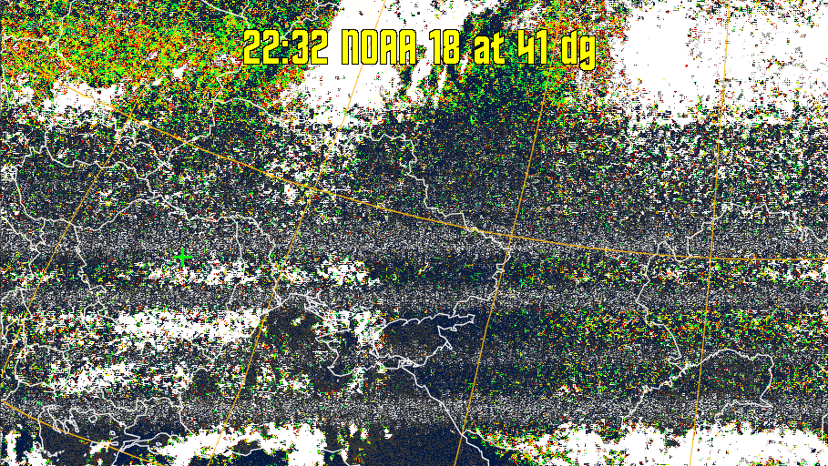 MSA-precip:
Same as MSA multispectral analysis, but high cold cloud tops are coloured the
same as the NO enhancement to give an approximate indication of the probability
and intensity of precipitation.