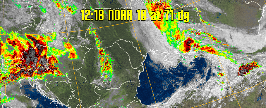 MSA-precip:
Same as MSA multispectral analysis, but high cold cloud tops are coloured the
same as the NO enhancement to give an approximate indication of the probability
and intensity of precipitation.