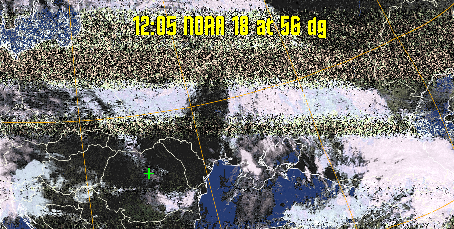 HVCT:
Similar to HVC, but with blue water and with colours more indicative of
land temperatures.
HVC:
Creates a false colour image from NOAA APT images based on temperature using
the HVC colour model. Uses the temperature derived from the sensor 4 image to
select the hue and the brightness from the histogram equalised other image to
select the value and chroma. The HVC colour model attempts to ensure that different colours at the same value will appear to the eye to be the same brightness
and the spacing between colours representing each degree will appear to the eye to
be similar. Bright areas are completely unsaturated in this model.