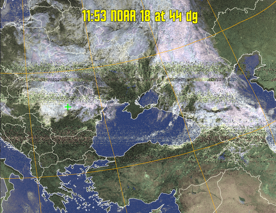 HVCT:
Similar to HVC, but with blue water and with colours more indicative of
land temperatures.
HVC:
Creates a false colour image from NOAA APT images based on temperature using
the HVC colour model. Uses the temperature derived from the sensor 4 image to
select the hue and the brightness from the histogram equalised other image to
select the value and chroma. The HVC colour model attempts to ensure that different colours at the same value will appear to the eye to be the same brightness
and the spacing between colours representing each degree will appear to the eye to
be similar. Bright areas are completely unsaturated in this model.