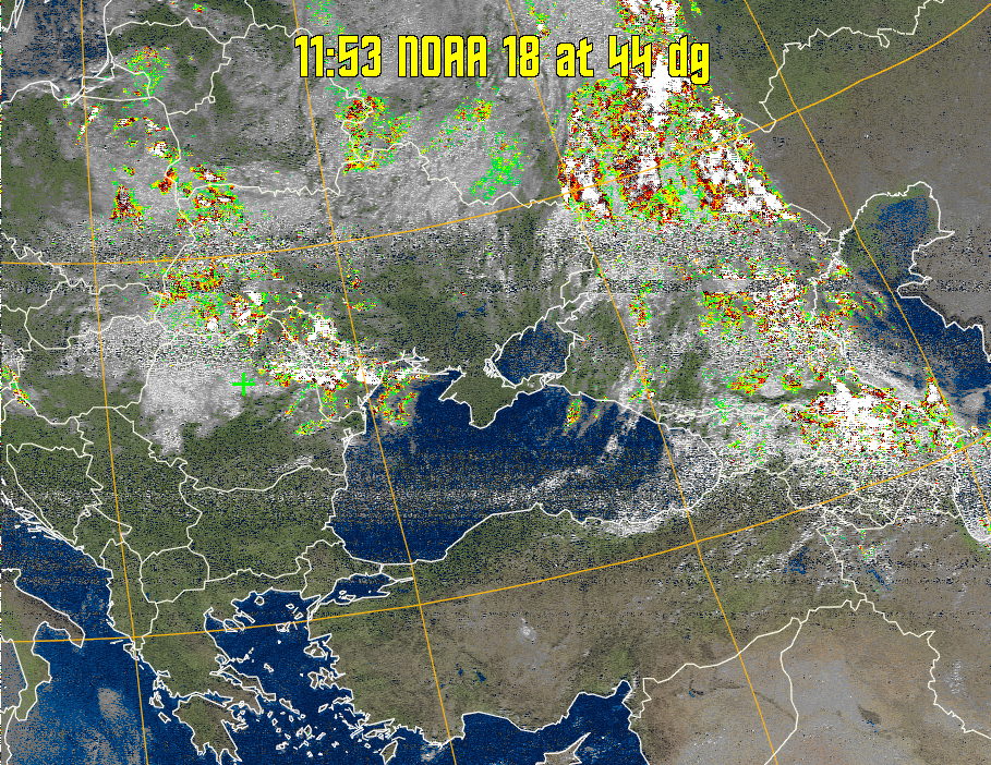 MSA-precip:
Same as MSA multispectral analysis, but high cold cloud tops are coloured the
same as the NO enhancement to give an approximate indication of the probability
and intensity of precipitation.