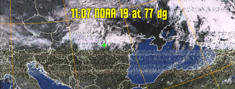 HVCT:
Similar to HVC, but with blue water and with colours more indicative of
land temperatures.
HVC:
Creates a false colour image from NOAA APT images based on temperature using
the HVC colour model. Uses the temperature derived from the sensor 4 image to
select the hue and the brightness from the histogram equalised other image to
select the value and chroma. The HVC colour model attempts to ensure that different colours at the same value will appear to the eye to be the same brightness
and the spacing between colours representing each degree will appear to the eye to
be similar. Bright areas are completely unsaturated in this model.