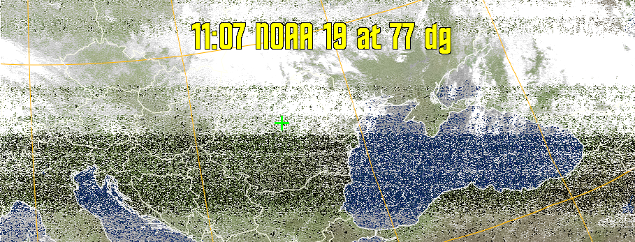 MCIR-precip: 
Colours the NOAA sensor 4 IR image using a map to colour the sea blue and land
green. High clouds appear white, lower clouds gray or land/sea coloured, clouds
generally appear lighter, but distinguishing between land/sea and low cloud may
be difficult. Darker colours indicate warmer regions.