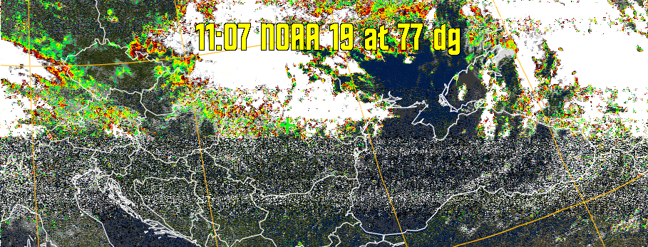 MSA-precip:
Same as MSA multispectral analysis, but high cold cloud tops are coloured the
same as the NO enhancement to give an approximate indication of the probability
and intensity of precipitation.