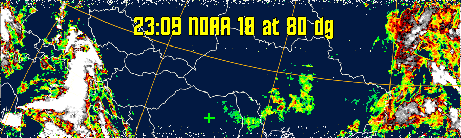 MSA-precip:
Same as MSA multispectral analysis, but high cold cloud tops are coloured the
same as the NO enhancement to give an approximate indication of the probability
and intensity of precipitation.