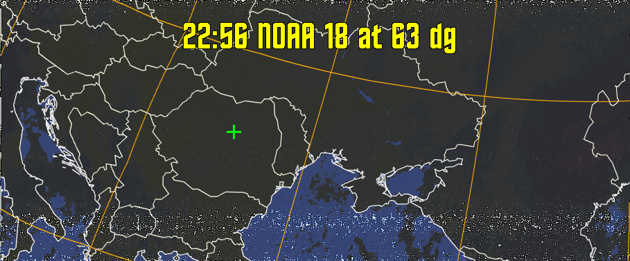 HVCT:
Similar to HVC, but with blue water and with colours more indicative of
land temperatures.
HVC:
Creates a false colour image from NOAA APT images based on temperature using
the HVC colour model. Uses the temperature derived from the sensor 4 image to
select the hue and the brightness from the histogram equalised other image to
select the value and chroma. The HVC colour model attempts to ensure that different colours at the same value will appear to the eye to be the same brightness
and the spacing between colours representing each degree will appear to the eye to
be similar. Bright areas are completely unsaturated in this model.