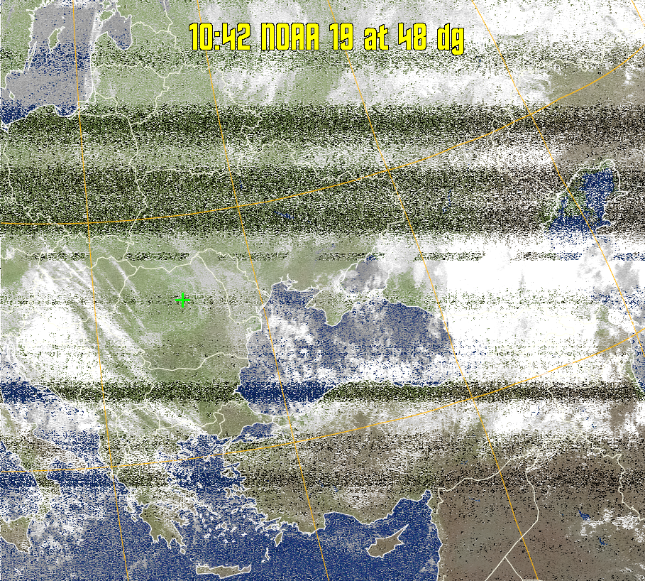 MCIR-precip: 
Colours the NOAA sensor 4 IR image using a map to colour the sea blue and land
green. High clouds appear white, lower clouds gray or land/sea coloured, clouds
generally appear lighter, but distinguishing between land/sea and low cloud may
be difficult. Darker colours indicate warmer regions.