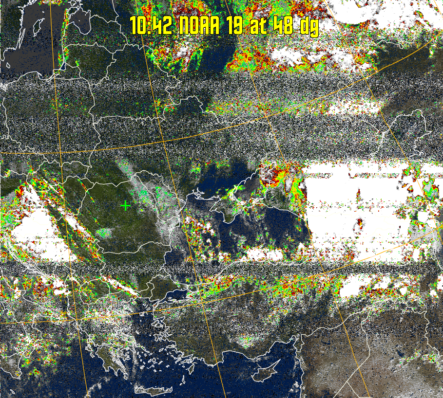 MSA-precip:
Same as MSA multispectral analysis, but high cold cloud tops are coloured the
same as the NO enhancement to give an approximate indication of the probability
and intensity of precipitation.